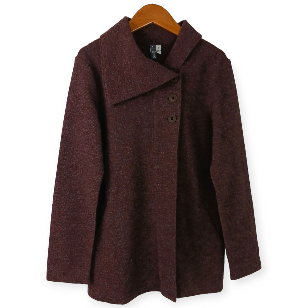 Ibex SZ S 3-Button Asymmetrical Cardigan Jacket Merino Wool Redwood Heather